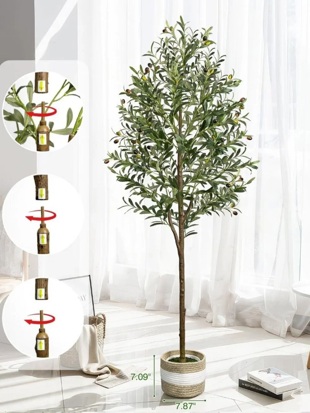 6FT Artificial Olive Tree - Indoor Tall Faux Olive Trees with Planter & Basket